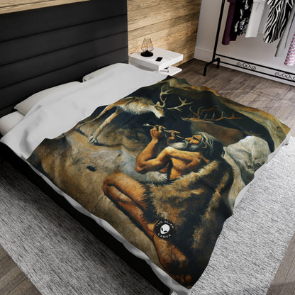 "Hunter and Wolf: In Pursuit of Prey." - The Alien Velveteen Plush Blanket Cave Painting