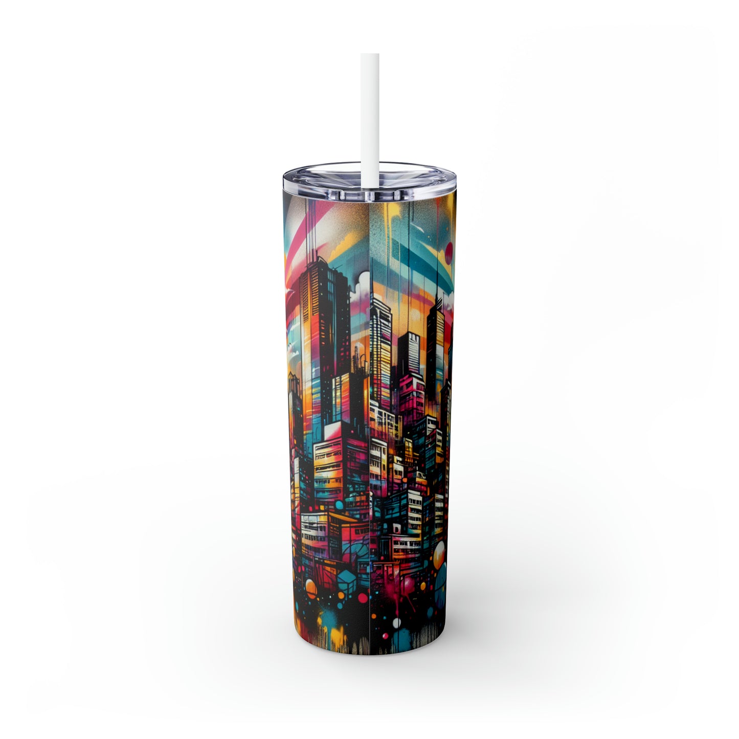 "Cityscape Sunrise" - The Alien Maars® Skinny Tumbler with Straw 20oz Street Art / Graffiti Style