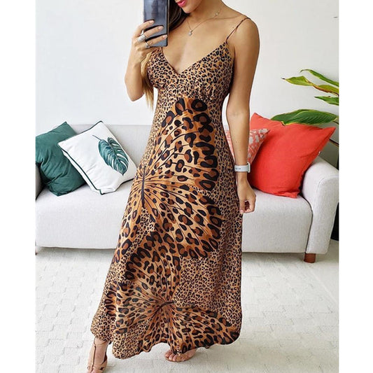 Nuevo vestido con estampado de mariposas y estampado de leopardo con tirantes para mujer