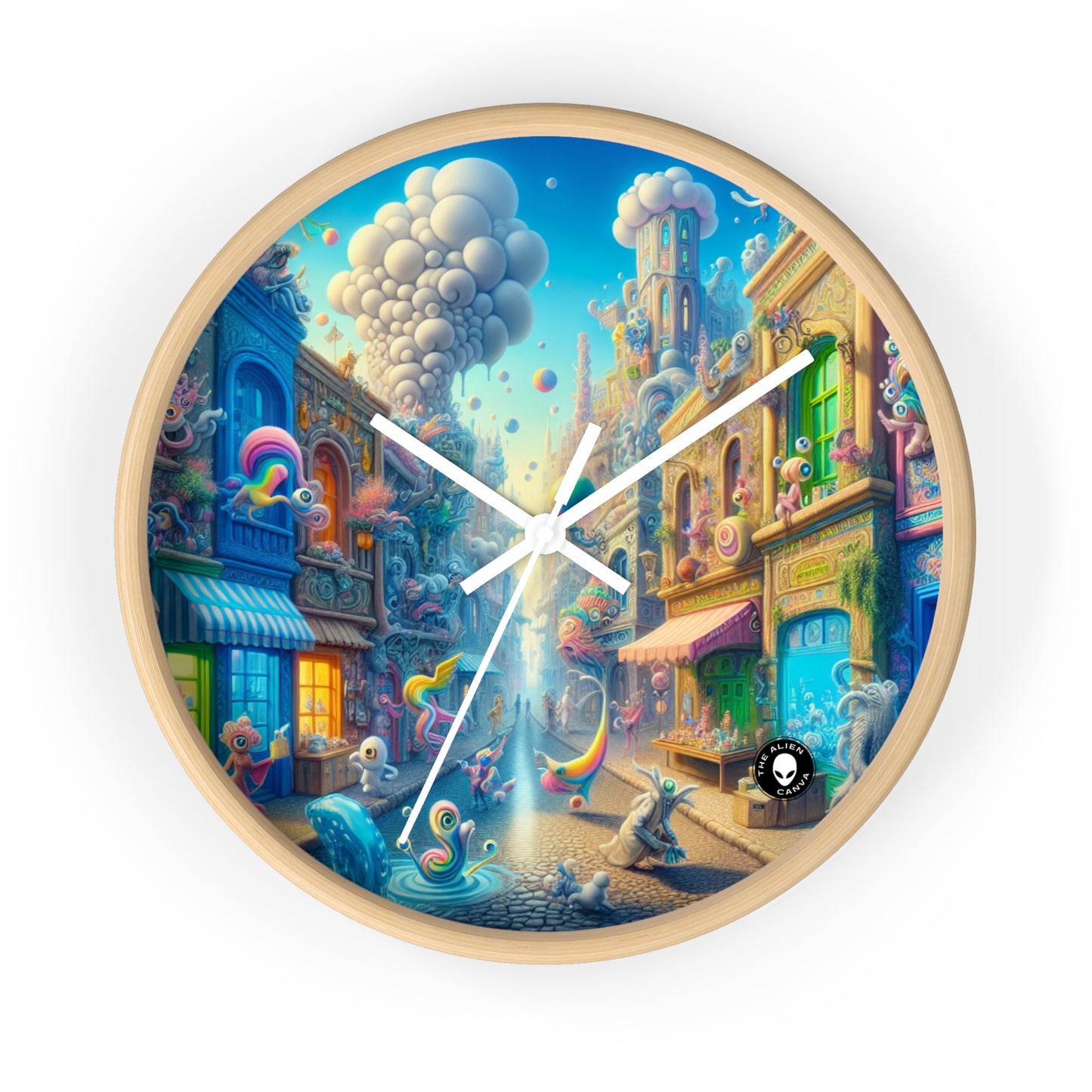 "Whimsical Wonders: A Vibrant Street Scene" - The Alien Wall Clock