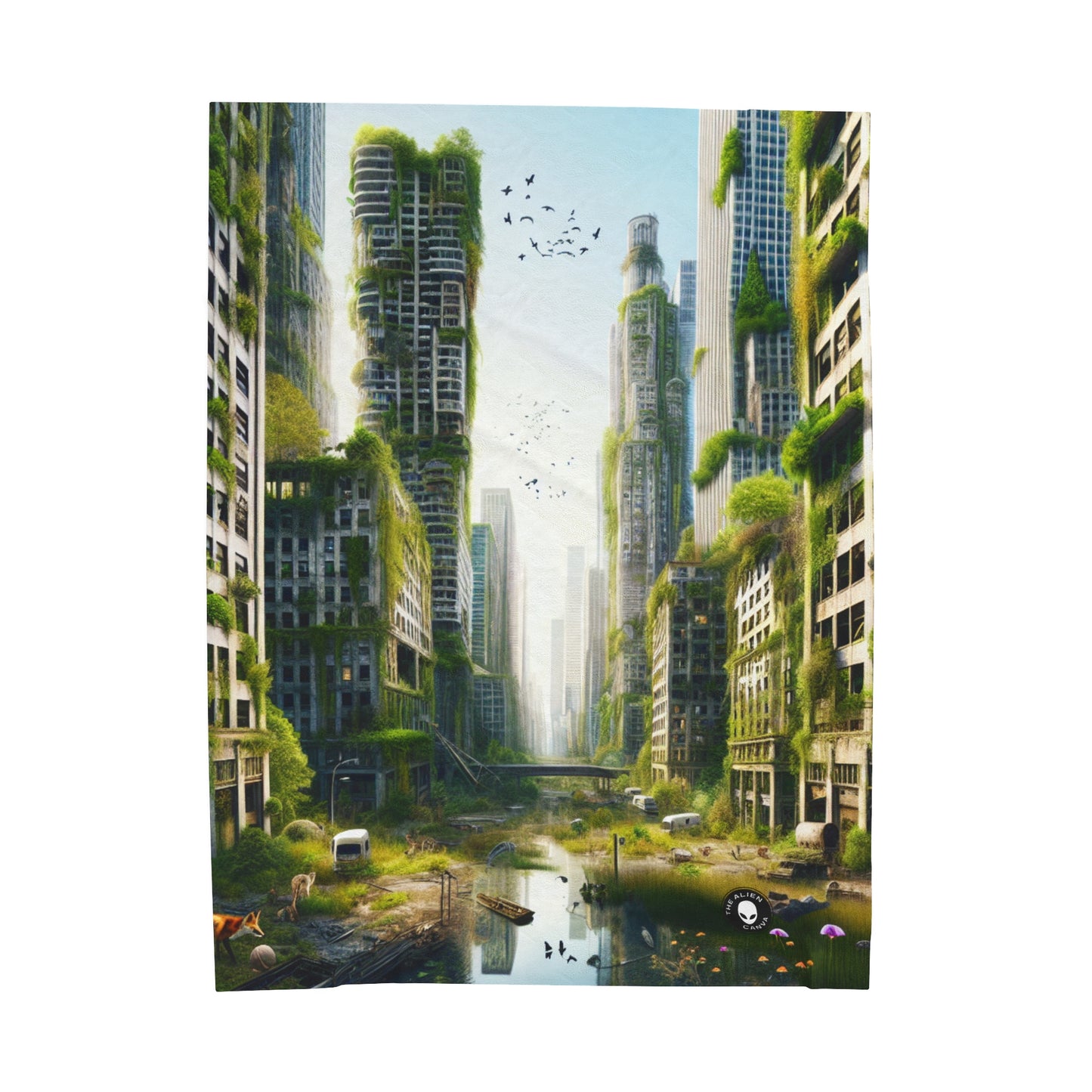 "Nature's Reclamation: A Futuristic Urban Jungle" - The Alien Velveteen Plush Blanket