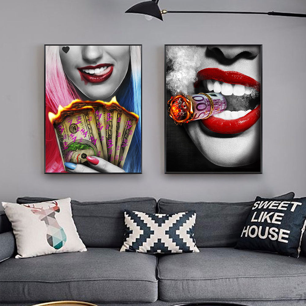 Wall Art Poster Red Lips Smoking Woman Clock Picture Canvas Painting