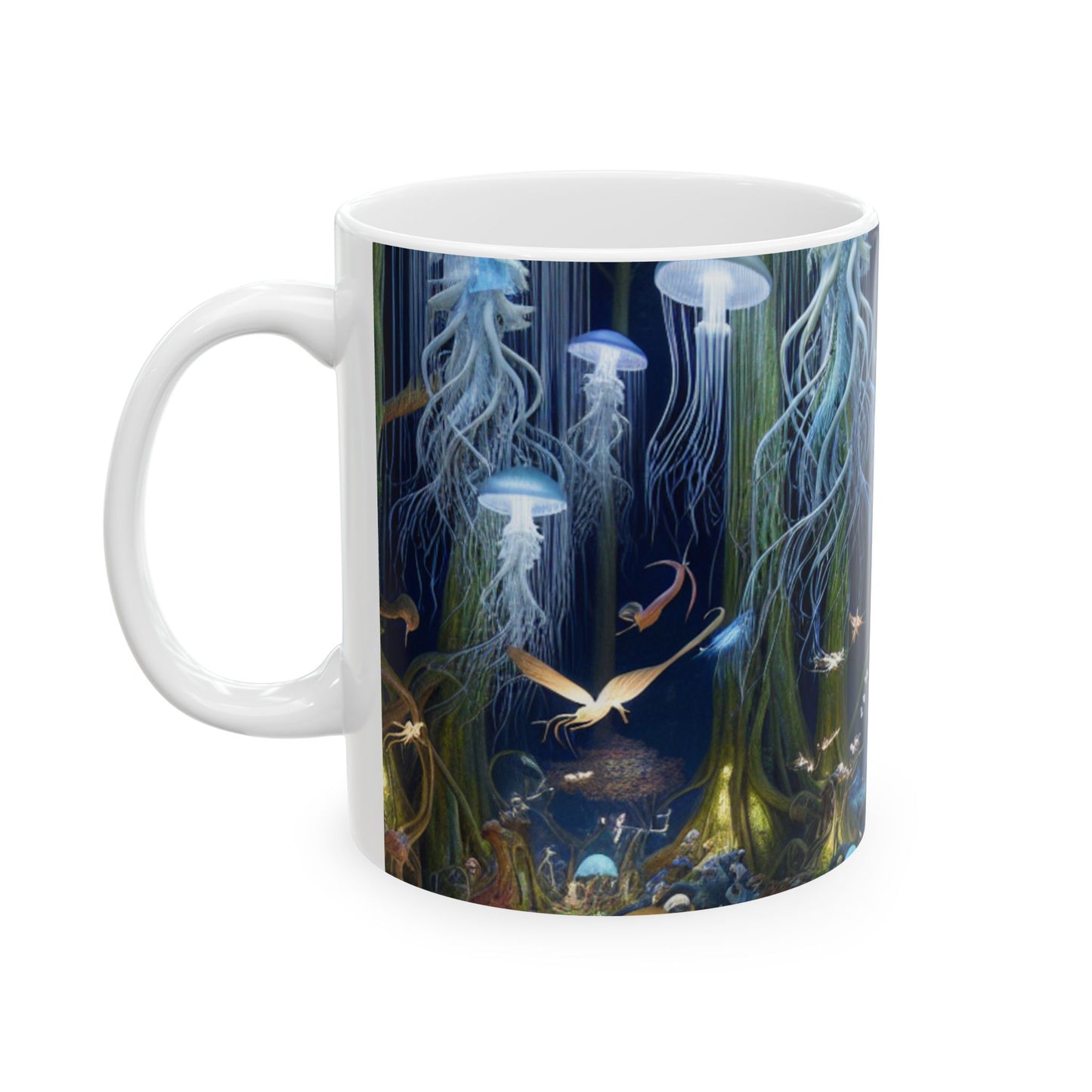 "Jellyfish Grove: Un bosque de fantasía luminiscente" - Taza de cerámica The Alien de 11 oz