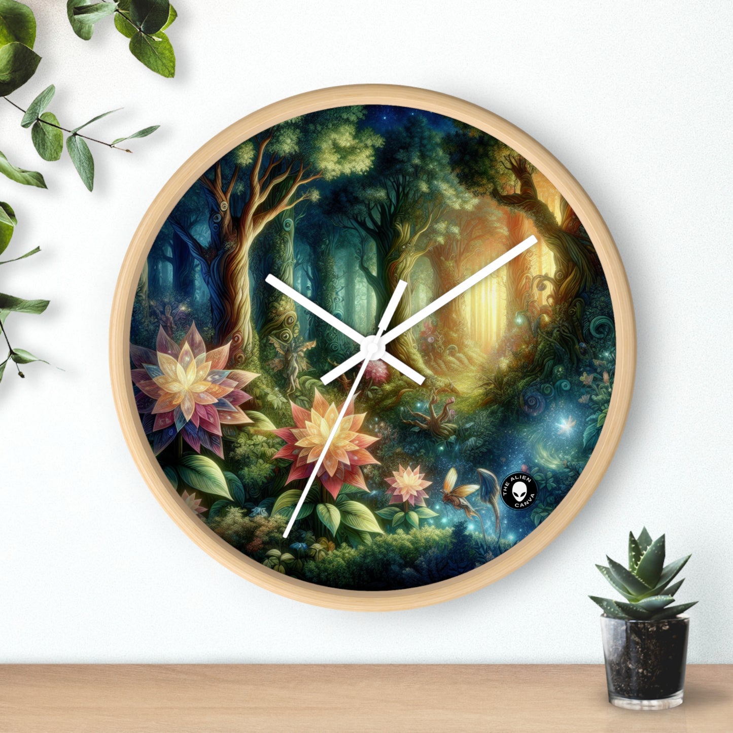 Forêt enchantée : fleurs lumineuses et êtres mystiques - L'horloge murale extraterrestre