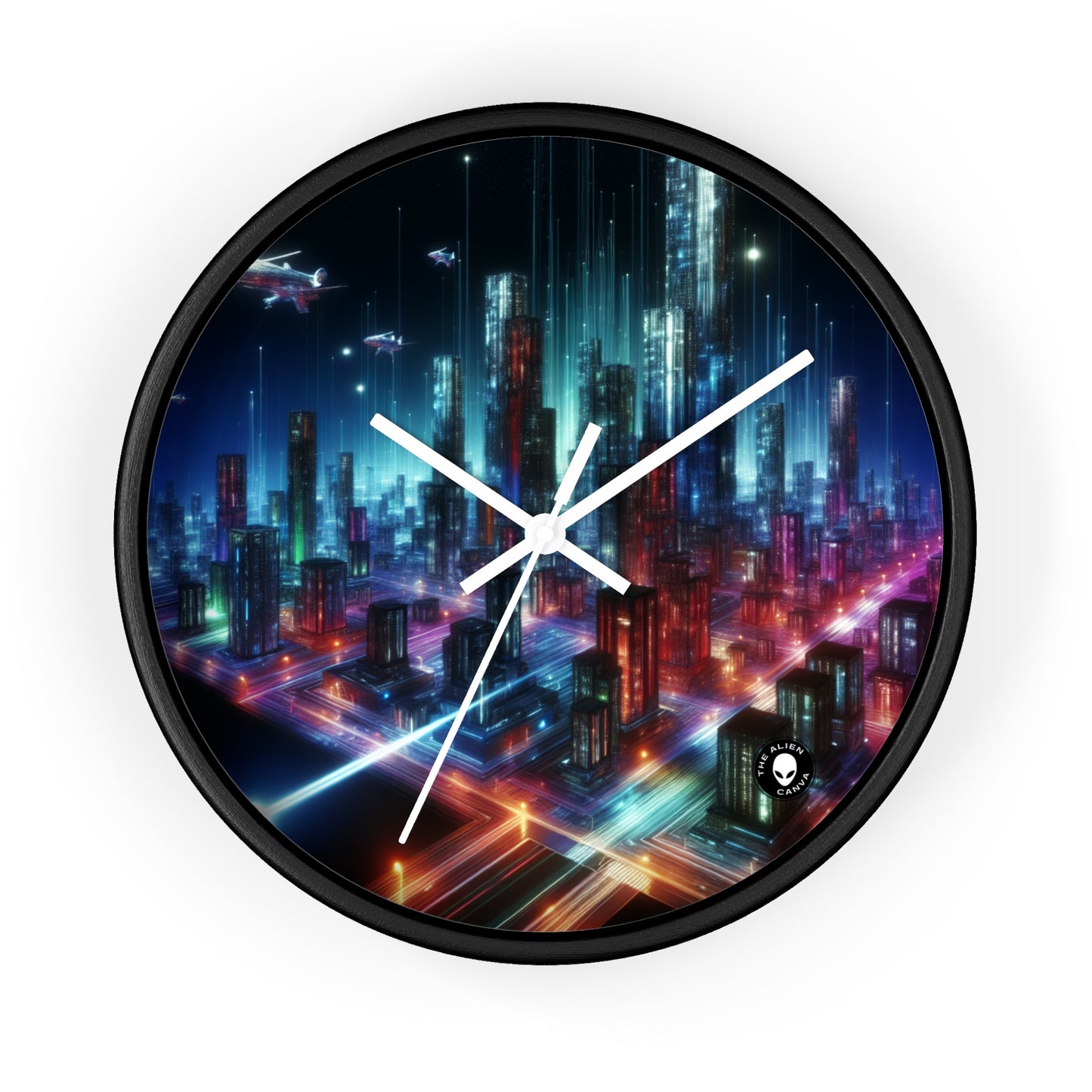 « Neon Skyline : un paysage urbain futuriste » – L'horloge murale Alien