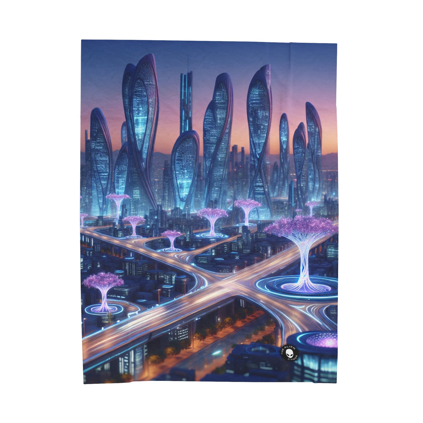 "City of Tomorrow: Nature and Technology Intertwined" - The Alien Velveteen Plush Blanket