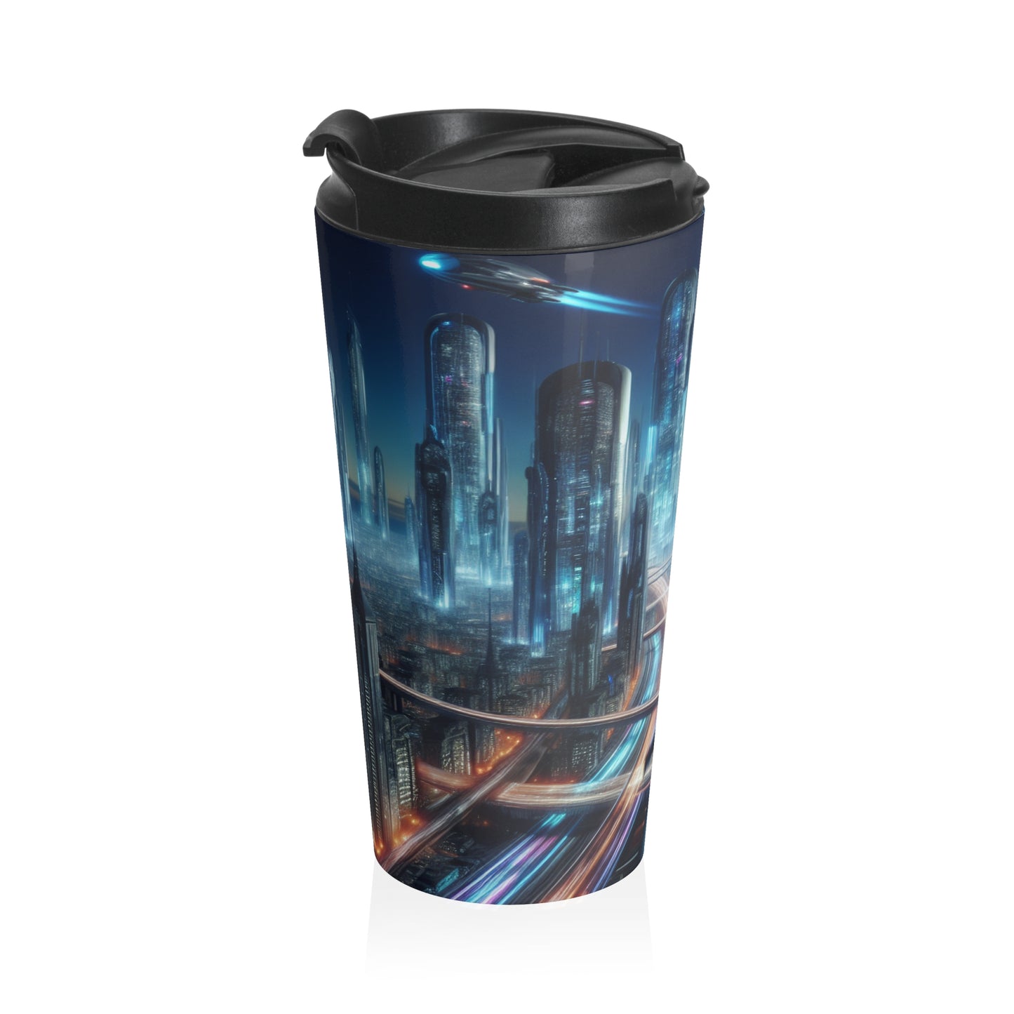 "Neon Skyline: Future Cityscapes": taza de viaje de acero inoxidable de Alien