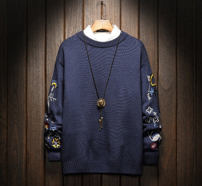 Printed embroidery crew neck sweater