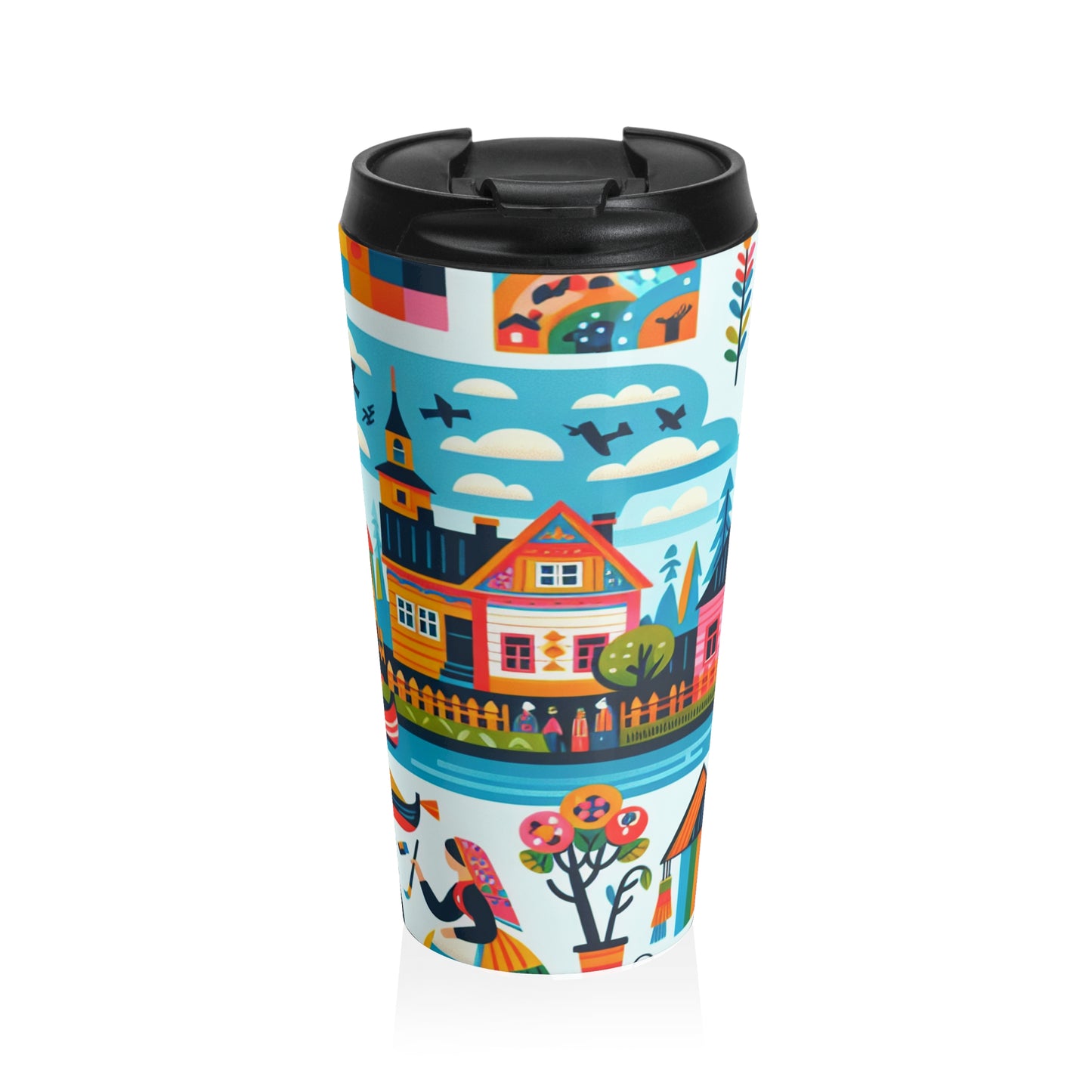 "Whimsical Village: A Folk Art Fairytale" - The Alien Stainless Steel Travel Mug Folk Art