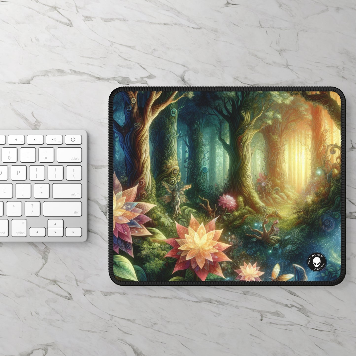 Enchanted Woodland: Glowing Blossoms and Mystical Beings - The Alien Gaming Mouse Pad