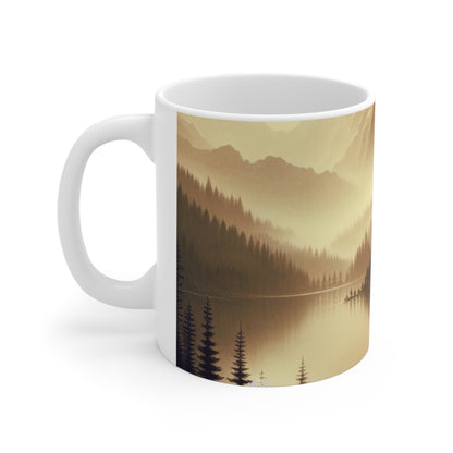 "Dawn at the Lake: A Foggy Mountain Morning" - The Alien Ceramic Mug 11oz Tonalism Style