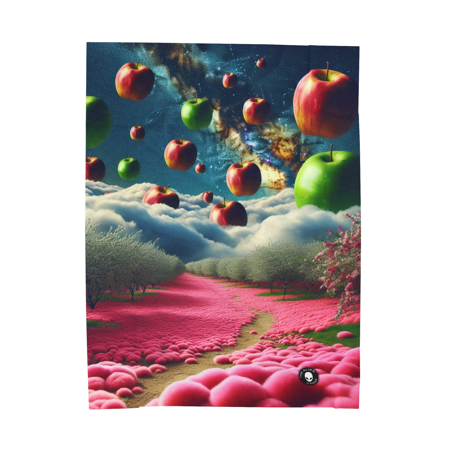 "Apple Sky and Pink Flower Carpet: A Surreal Landscape" - The Alien Velveteen Plush Blanket