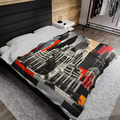 "A Contrast of Times: Classic Art Deco Skyscrapers and a Modern Cityscape" - The Alien Velveteen Plush Blanket Art Deco Style