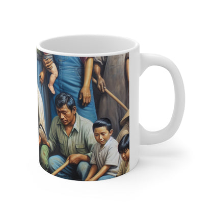 "Cosechando Esperanza: Una Familia Migrante en el Jardín" - Taza de Cerámica The Alien 11oz Estilo Realismo Social