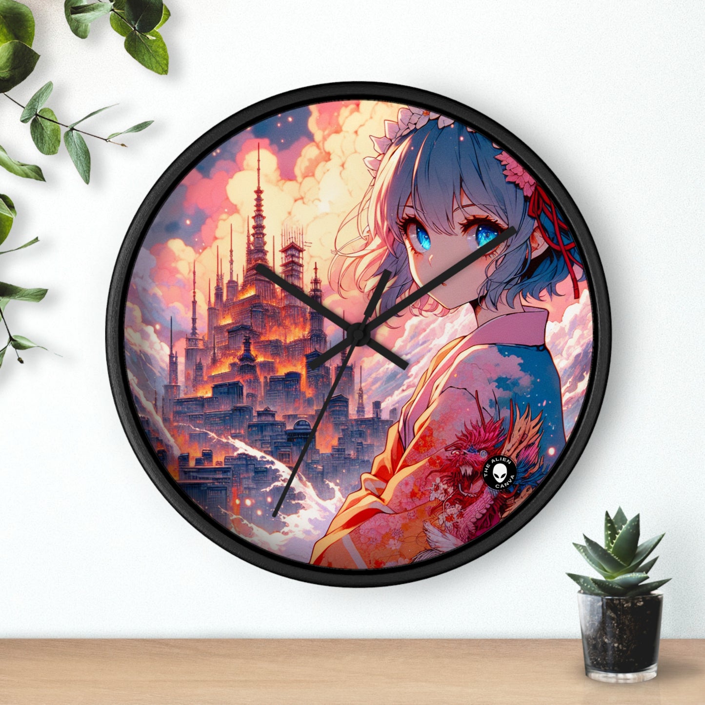 Título: "Swords ablaze: The Elemental Duel" - The Alien Wall Clock Manga/Anime Art