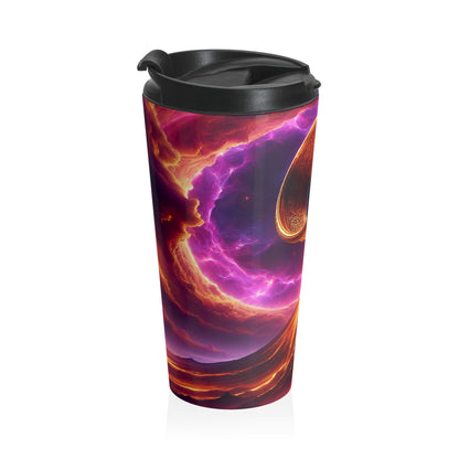 "Ring of Doom: A Surreal Descent." - The Alien Stainless Steel Travel Mug