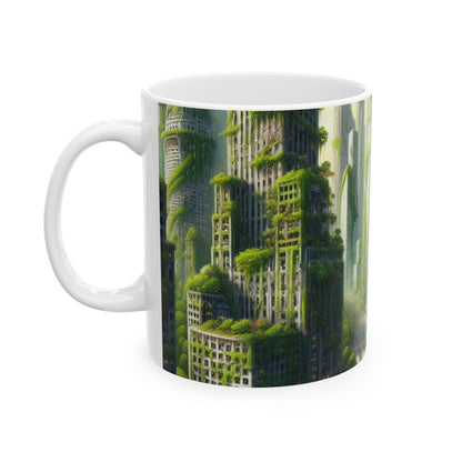 "El resurgimiento de la naturaleza: un paisaje urbano futurista" - Taza de cerámica The Alien de 11 oz