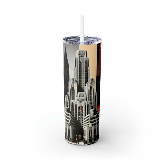 "A Contrast of Times: Classic Art Deco Skyscrapers and a Modern Cityscape" - The Alien Maars® Skinny Tumbler with Straw 20oz Art Deco Style