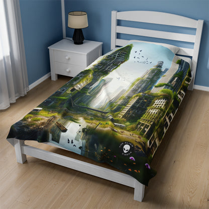 "Nature's Reclamation: A Futuristic Urban Jungle" - The Alien Velveteen Plush Blanket