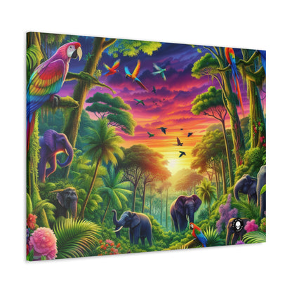 « Coucher de soleil dans la nature : une aventure dans la jungle arc-en-ciel » - The Alien Canva