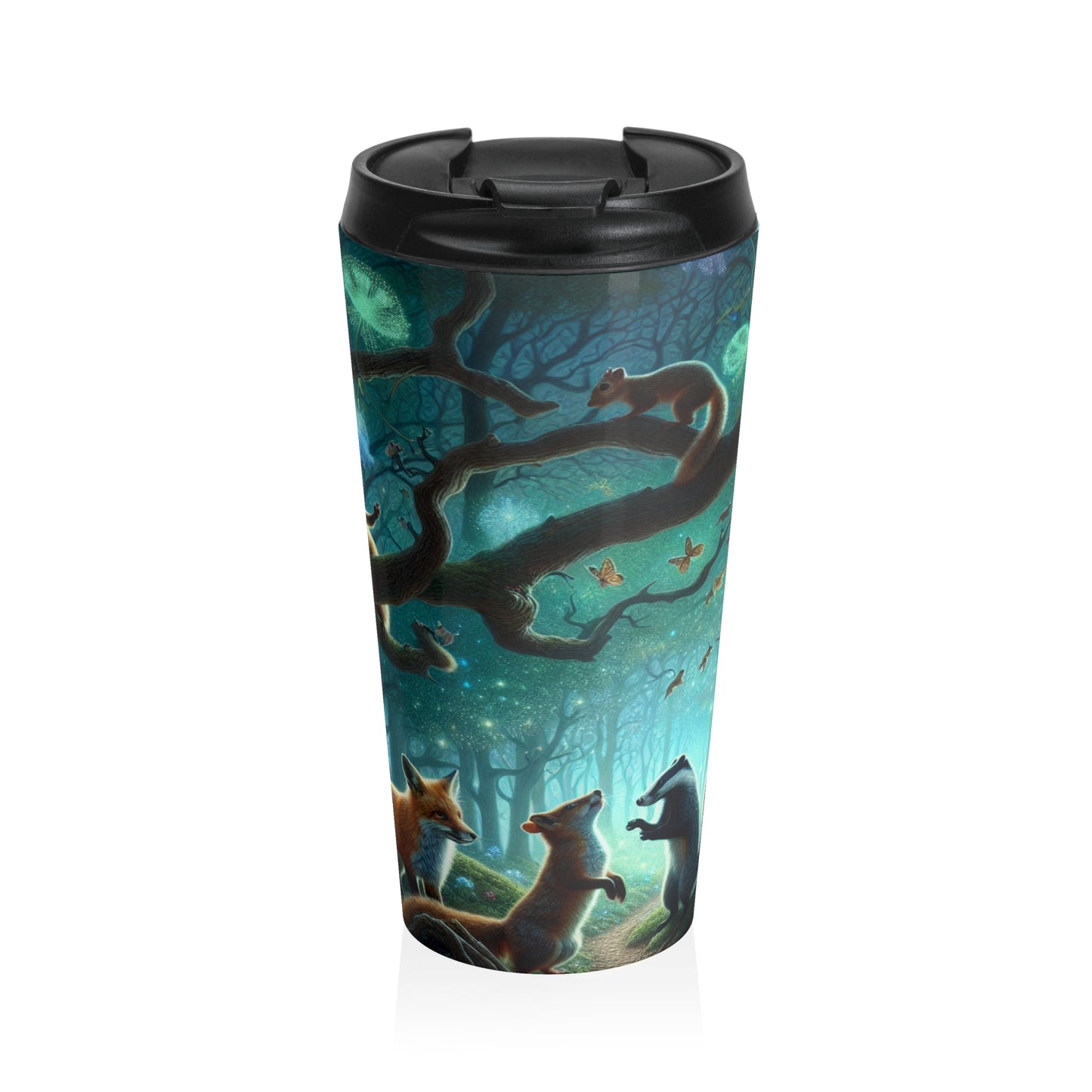 "Animales místicos: criaturas retozando en un bosque encantado" - Taza de viaje de acero inoxidable The Alien