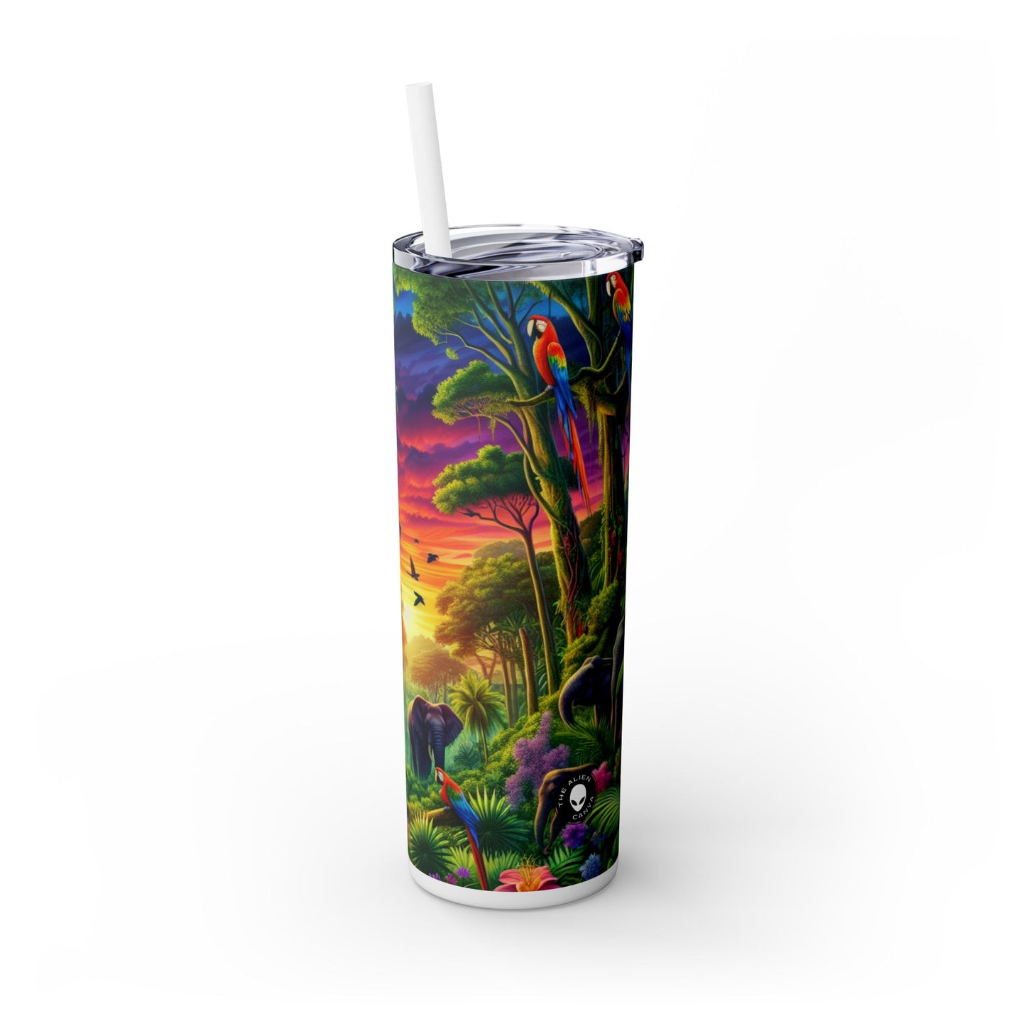 "Atardecer en la naturaleza: una aventura en la jungla con arcoíris" - Vaso delgado con pajita Maars® de 20 oz de Alien