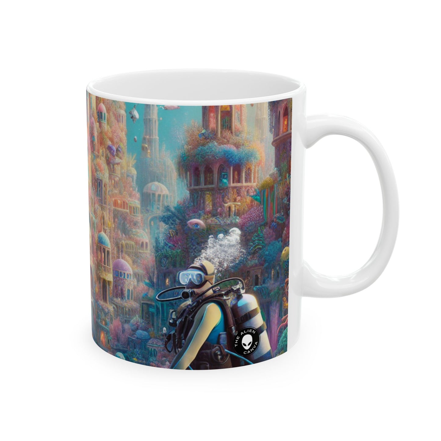 "El tesoro de las profundidades: una fantástica ciudad submarina" - Taza de cerámica alienígena de 11 oz