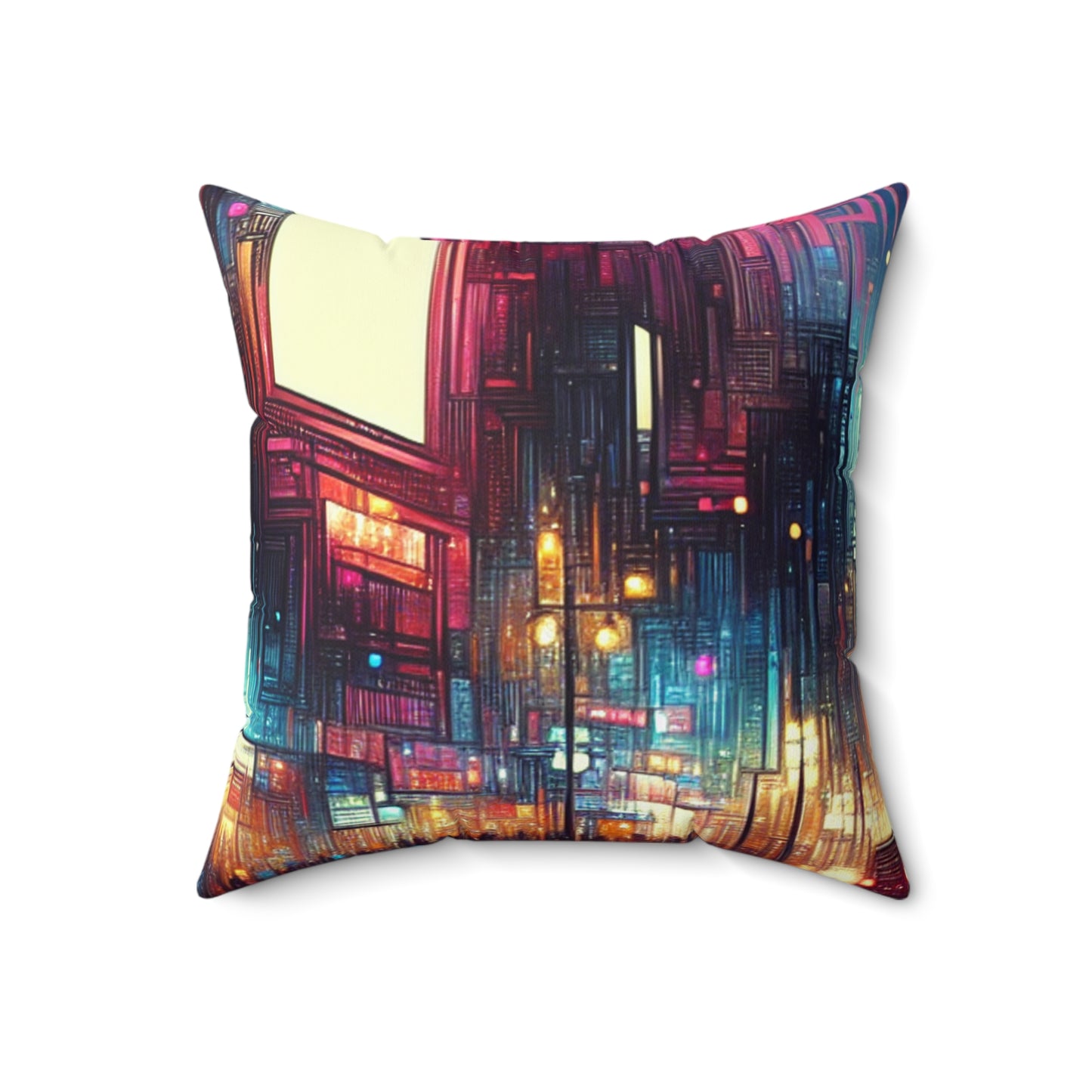 "Cityscape Unveiled: A Neon Night"- The Alien Spun Polyester Square Pillow