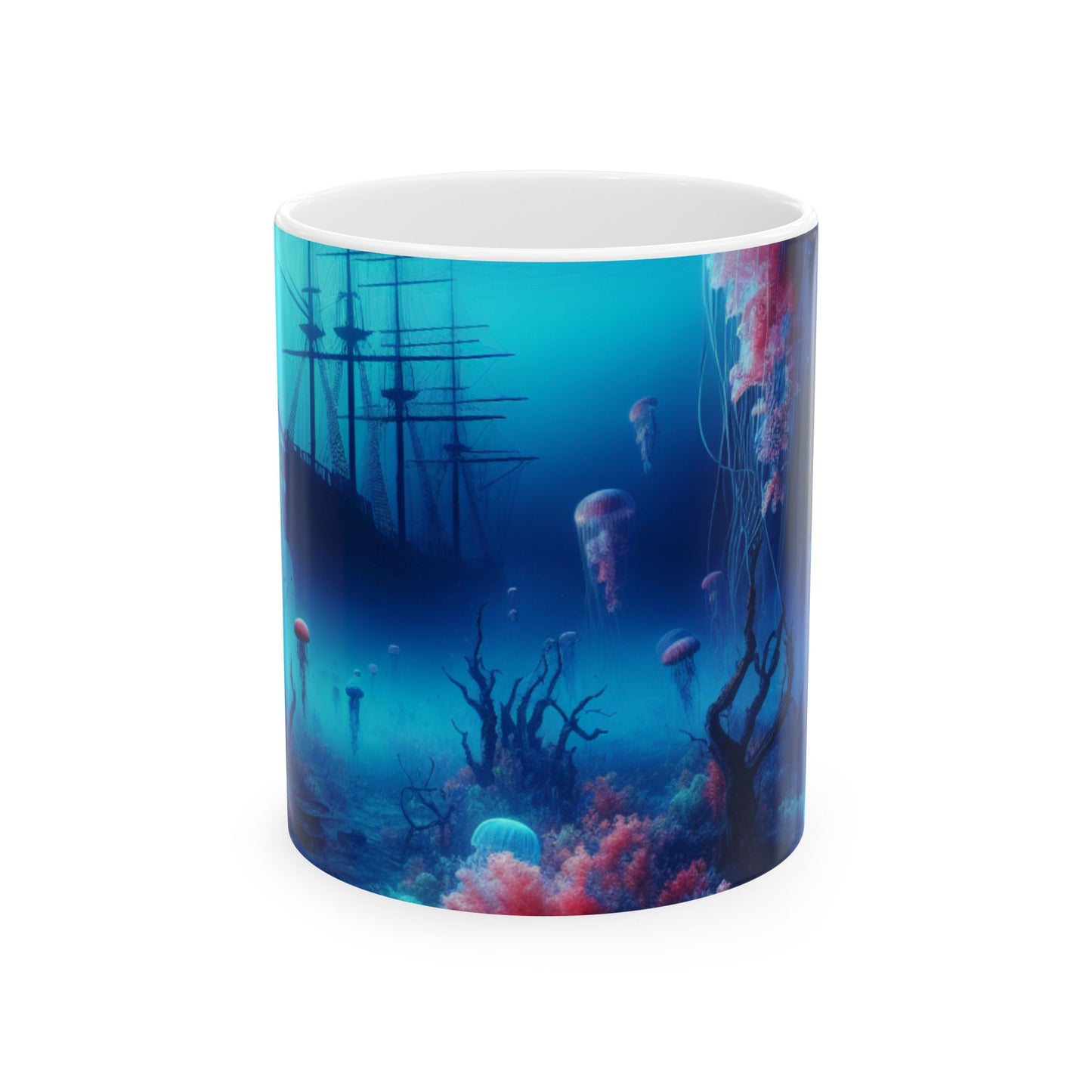 "Jellyfish Haven: Un mundo submarino surrealista" - Taza de cerámica alienígena de 11 oz