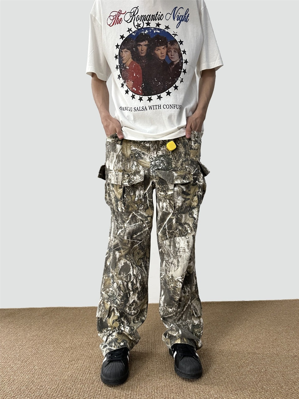 Loose Straight Tree Worn Looking Washed-out Camouflage Printed Overalls