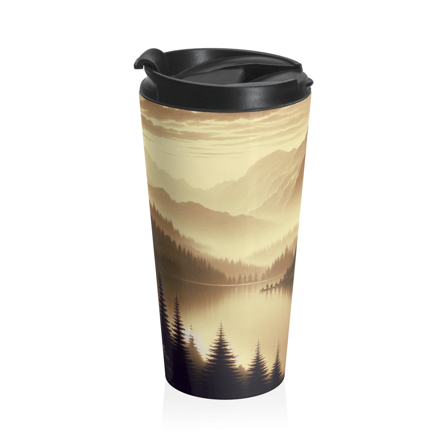 "Dawn at the Lake: A Foggy Mountain Morning" - Taza de viaje de acero inoxidable estilo tonalismo The Alien