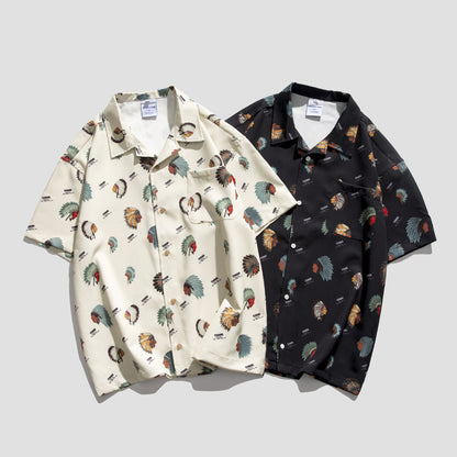 Camisa Retro de manga corta con estampado completo, camisa informal que combina con todo para hombre, media manga holgada