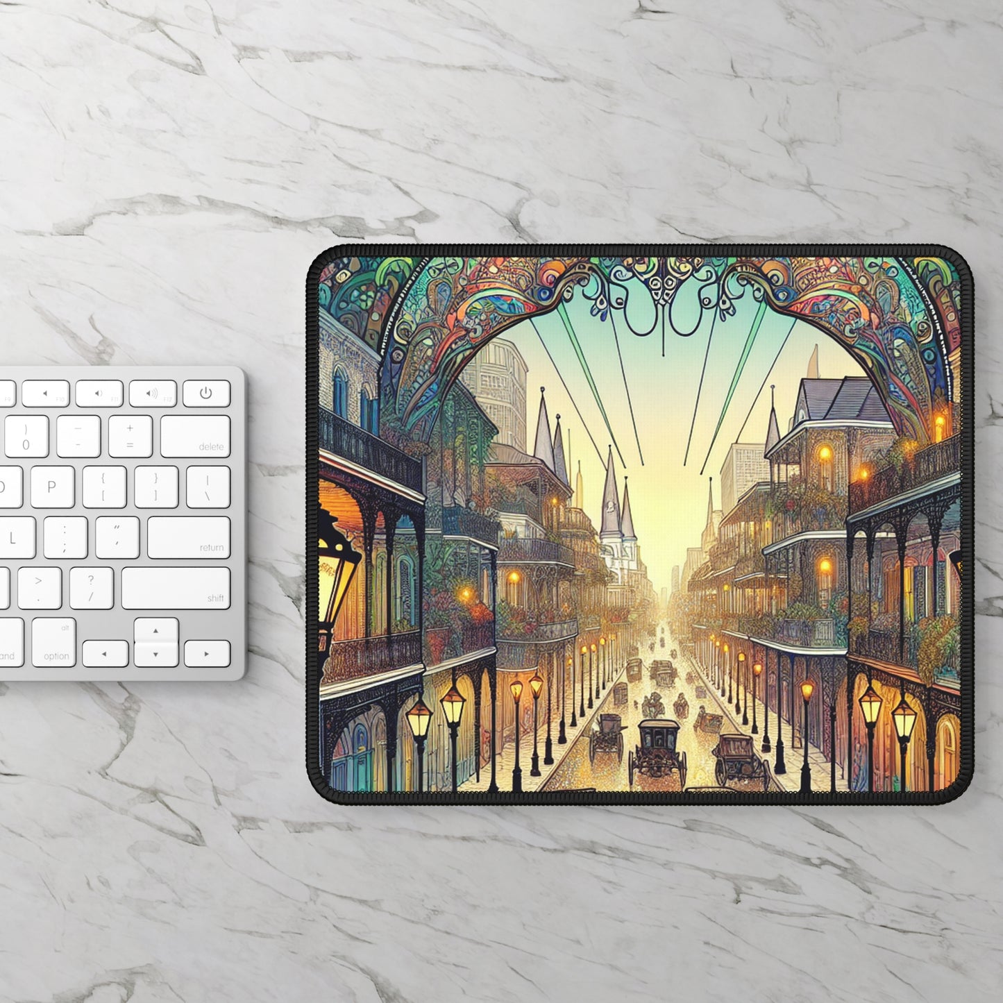 « Vivid Splendor : Une image du quartier français de la Nouvelle-Orléans » – Le tapis de souris Alien Gaming Style Art Nouveau