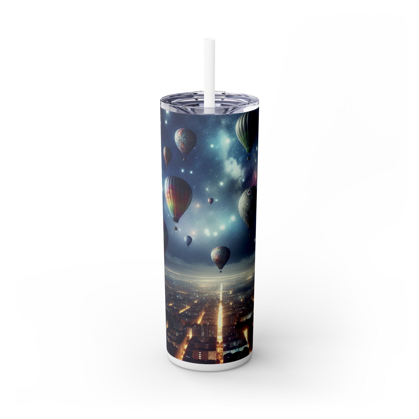 "Viaje nocturno estrellado: globos aerostáticos sobre la ciudad" - Vaso delgado con pajita de 20 oz de Alien Maars®