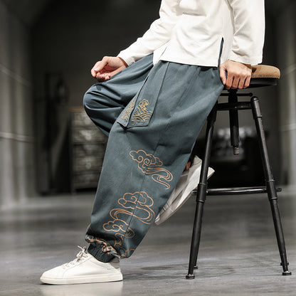 Nuevos pantalones de estilo chino para hombre, pantalones holgados de pierna ancha estampados de talla grande