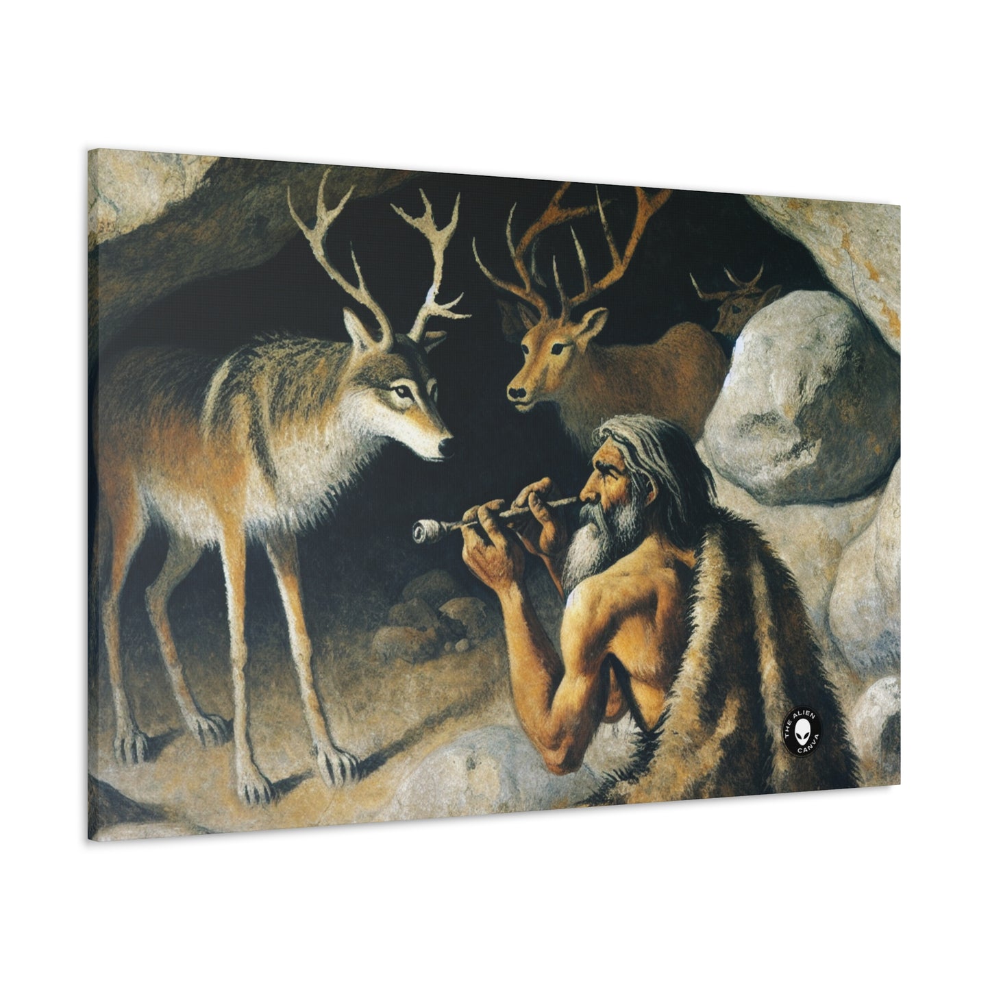 "Chasseur et loup : à la poursuite d'une proie." - La peinture rupestre Alien Canva