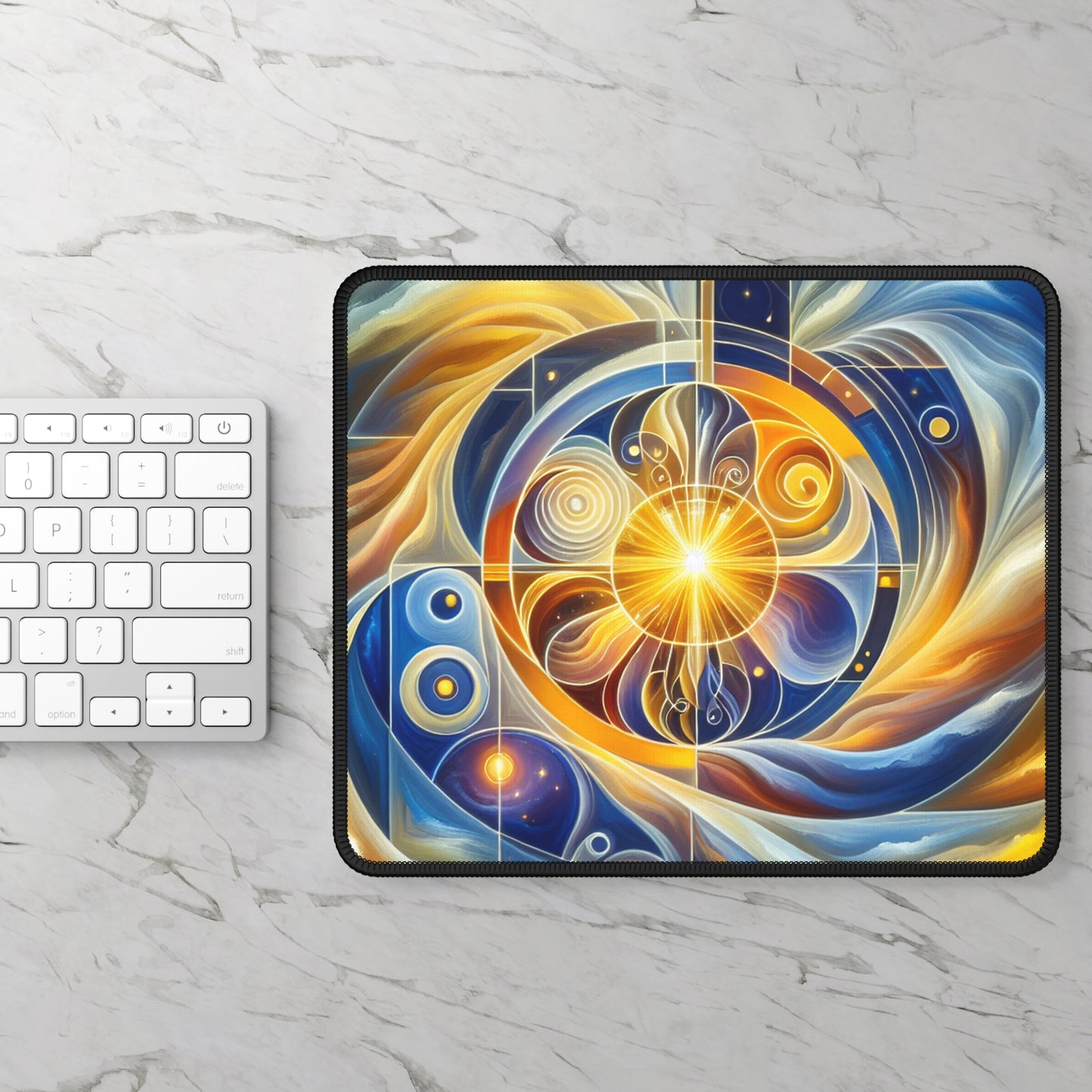 "Divinidad ascendente: un despertar espiritual en una geometría vibrante" - The Alien Gaming Mouse Pad Estilo de arte religioso