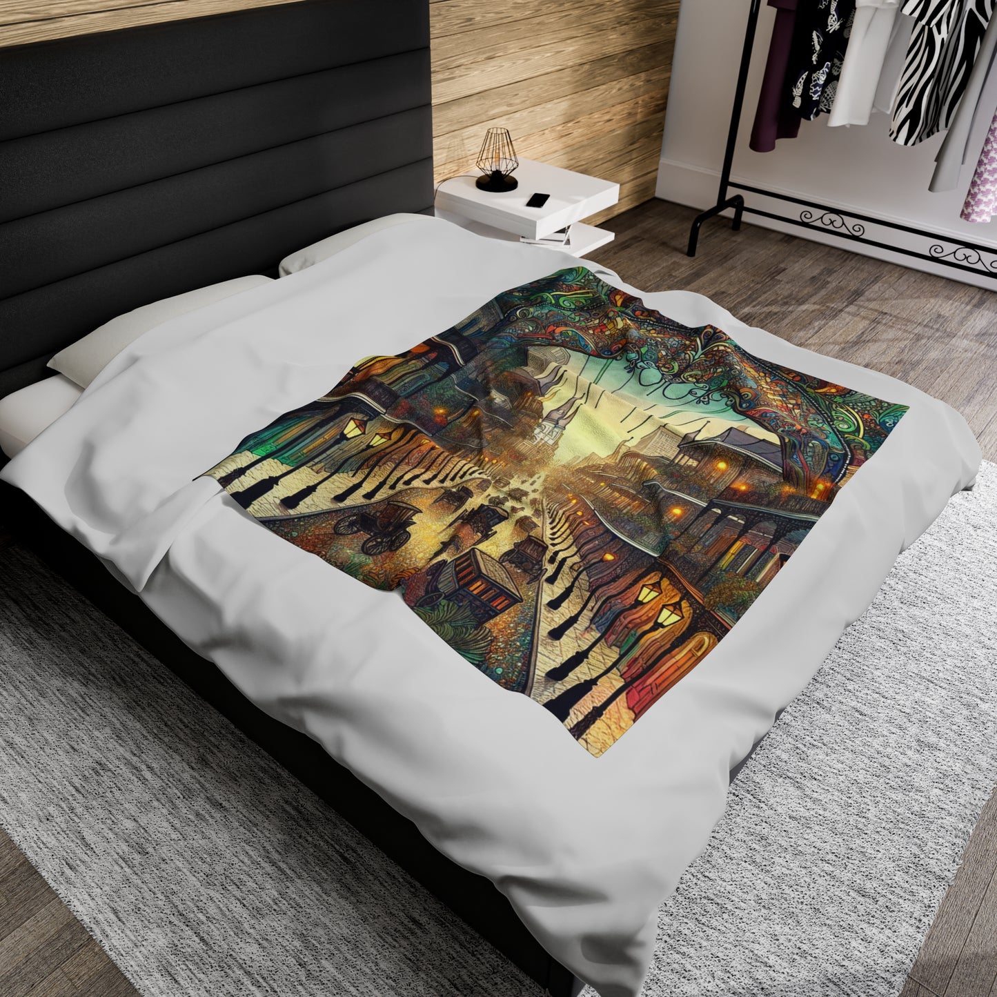 "Vivid Splendor: A Picture of New Orleans's French Quarter" - The Alien Velveteen Plush Blanket Art Nouveau Style