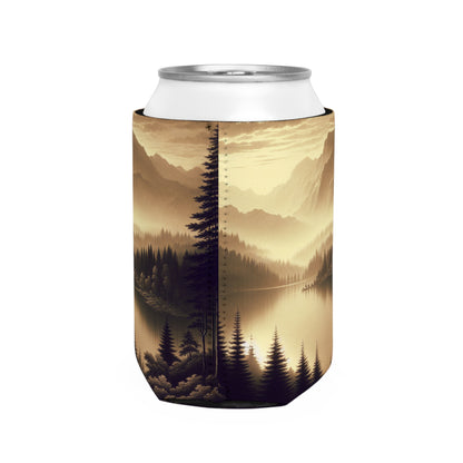 "Dawn at the Lake: A Foggy Mountain Morning" - The Alien Can Cooler Sleeve Tonalism Style