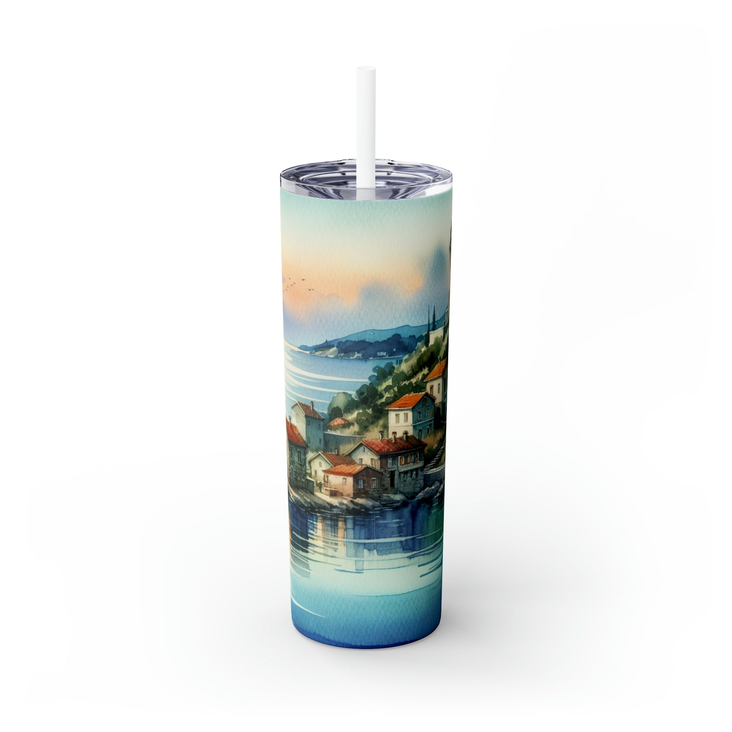 « Aperçu d'un havre de bord de mer » - The Alien Maars® Skinny Tumbler avec paille 20oz Style de peinture à l'aquarelle