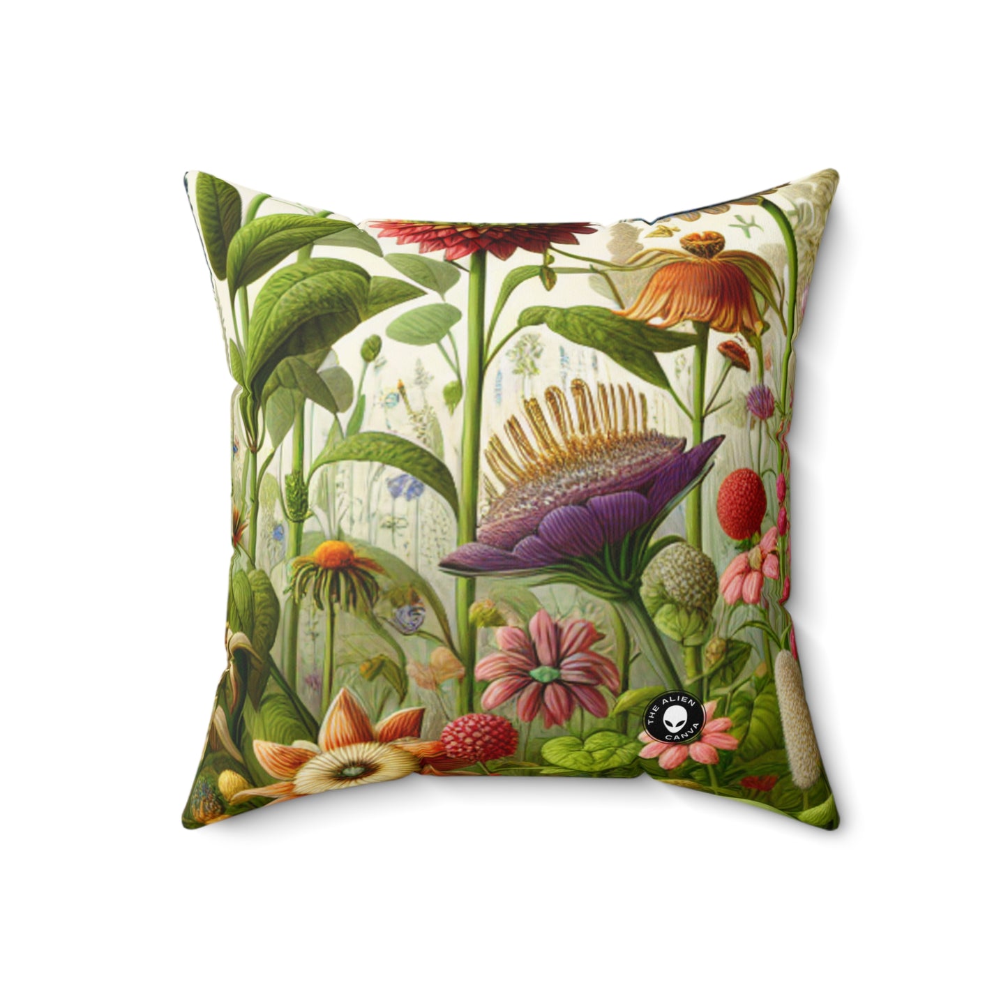 "Enchanted Garden: A Whimsical Scene"- The Alien Spun Polyester Square Pillow