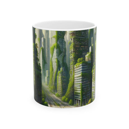 "El resurgimiento de la naturaleza: un paisaje urbano futurista" - Taza de cerámica The Alien de 11 oz