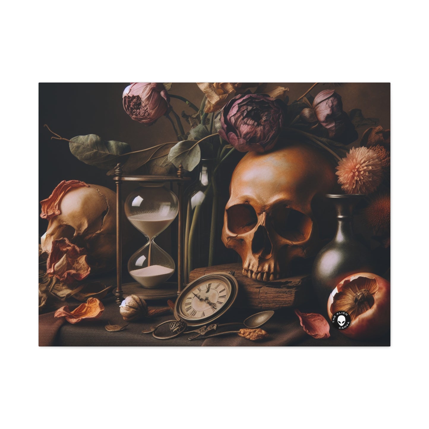 "Belleza fugaz: una vibrante pintura de Vanitas que representa el paso del tiempo y la naturaleza transitoria de la vida" - The Alien Canva Vanitas Painting