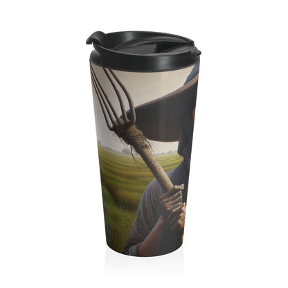 "Farmer in the Fields: A Weathered Reflection" - The Alien Stainless Steel Travel Mug Realism