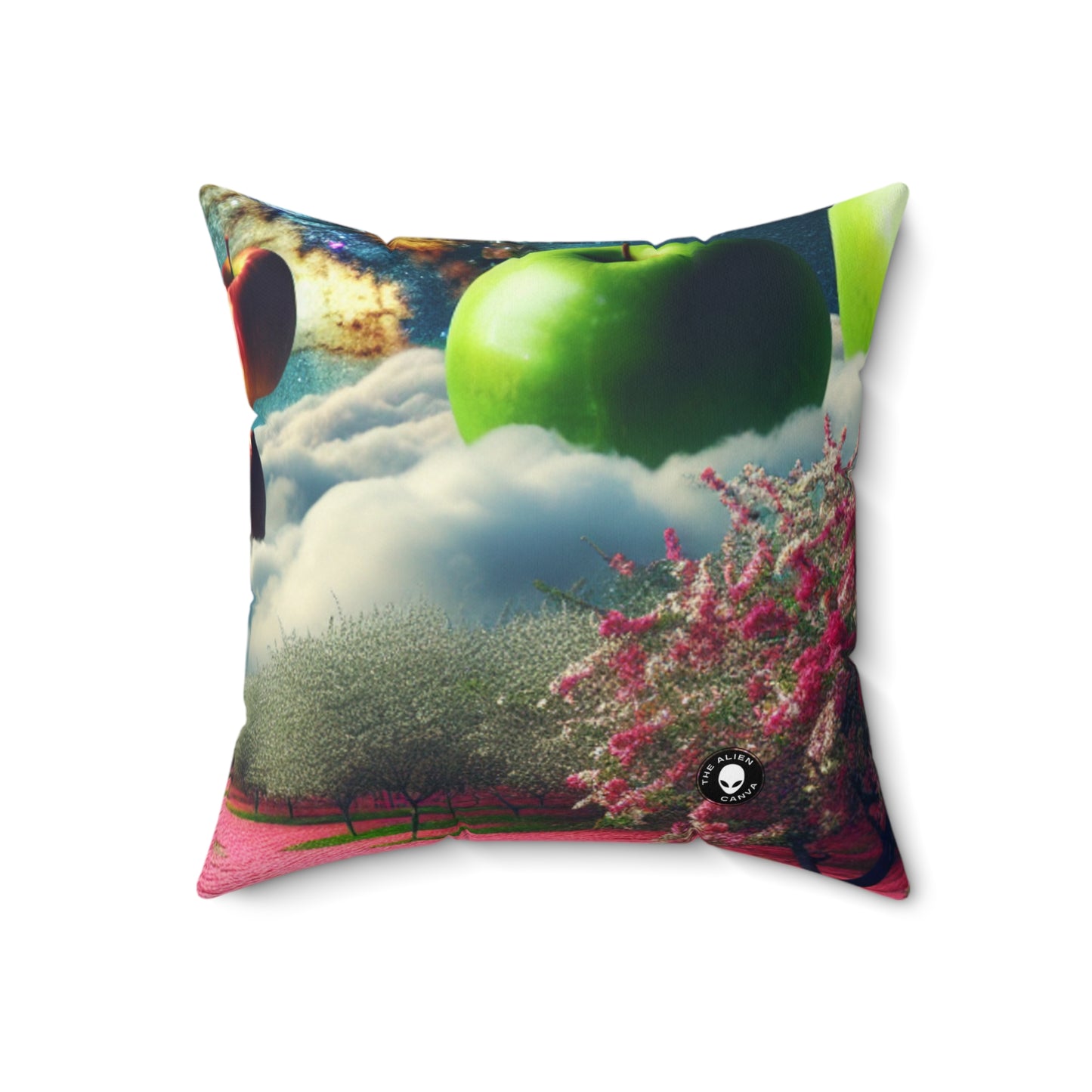 "Apple Sky and Pink Flower Carpet: A Surreal Landscape"- The Alien Spun Polyester Square Pillow