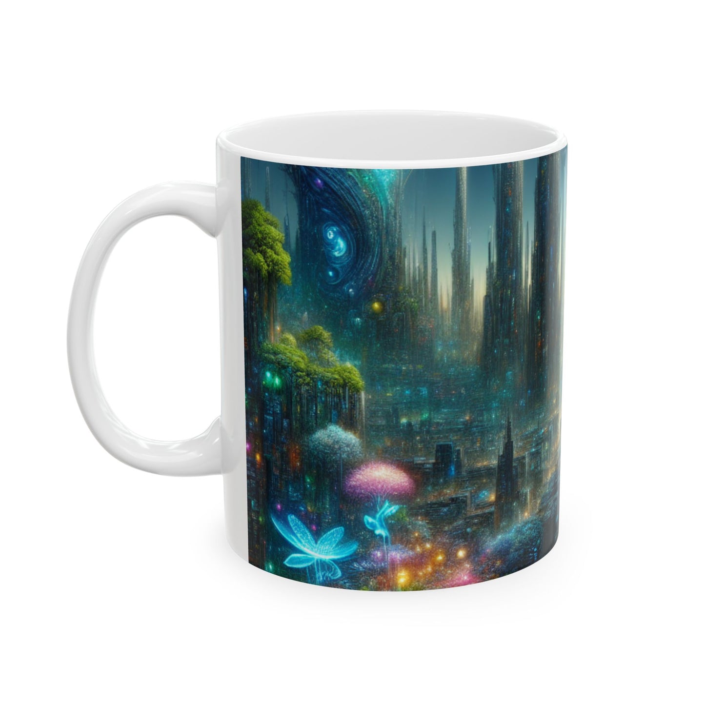 "Neon Oasis: un país de las maravillas urbano futurista" - Taza de cerámica The Alien de 11 oz