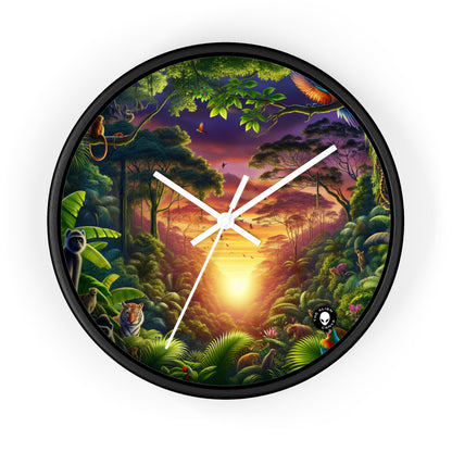 "Atardecer en la jungla: un encuentro salvaje" - El reloj de pared alienígena