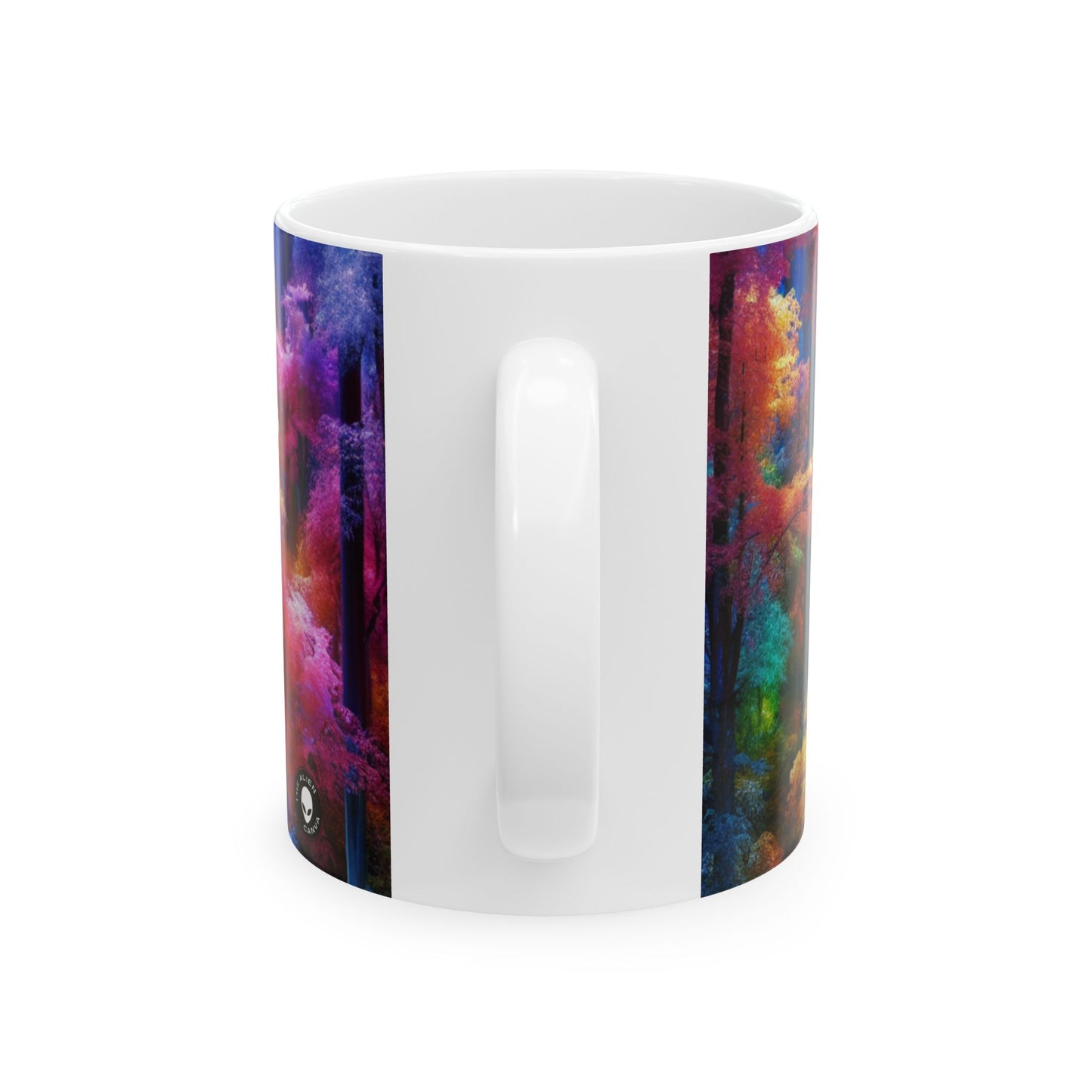 "Bosque arcoíris encantado: puerta de entrada al reino invisible" - Taza de cerámica alienígena de 11 oz