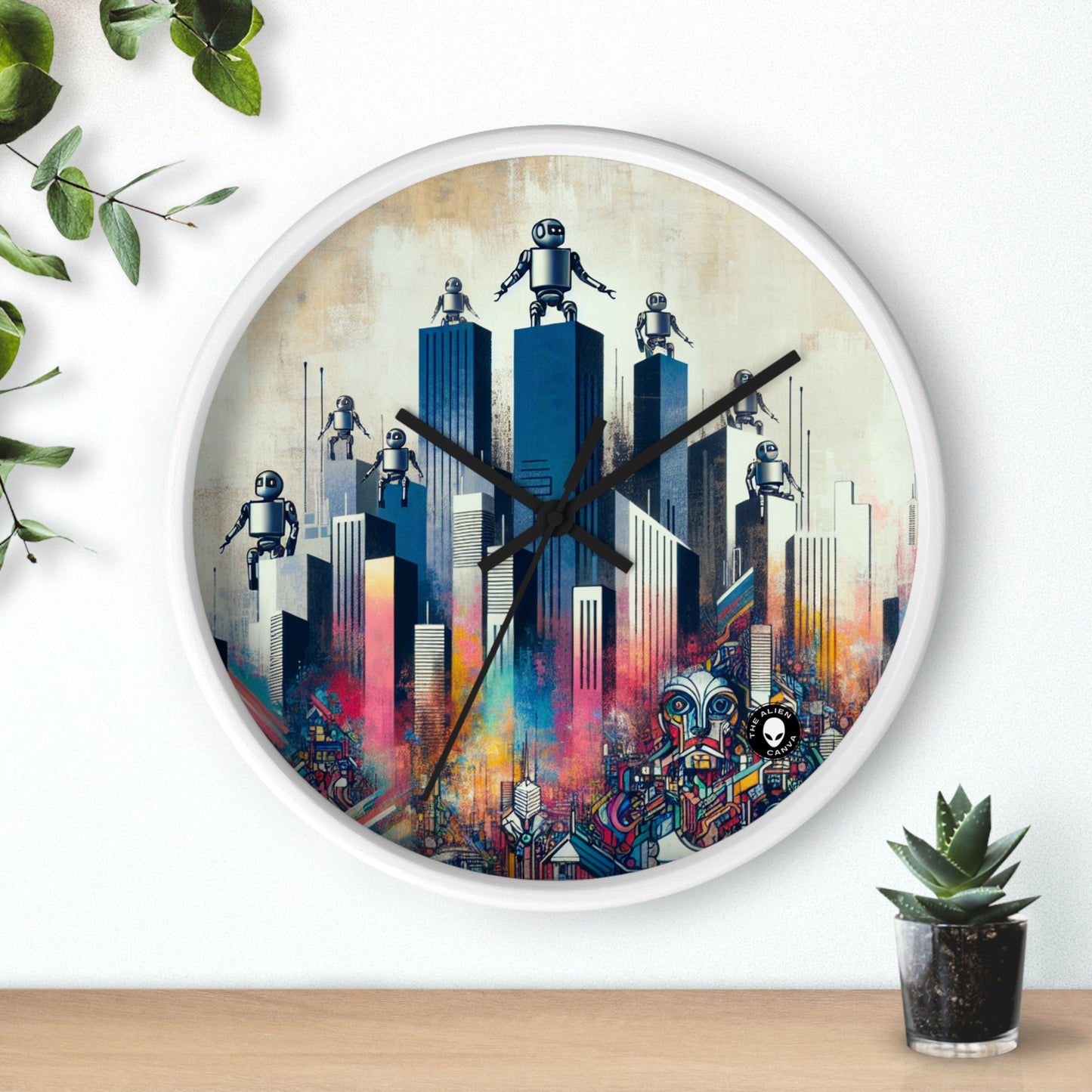 "Robotic Cityscape: A Futuristic Mural" - The Alien Wall Clock Street Art / Graffiti