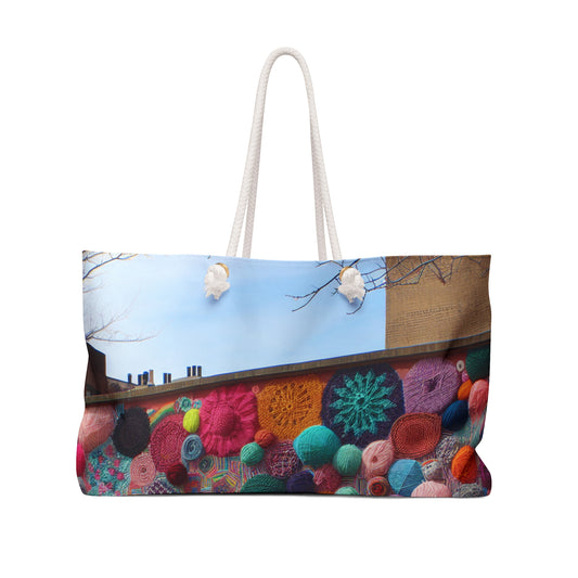 "Yarn of Joy: A Colorful Outdoor Mural" - The Alien Weekender Bag Yarn Bombing (Fiber Art)